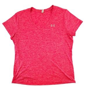 Under Armour HeatGear Womens XL Pink V Neck Athletic T Shirt Loose Fit Workout